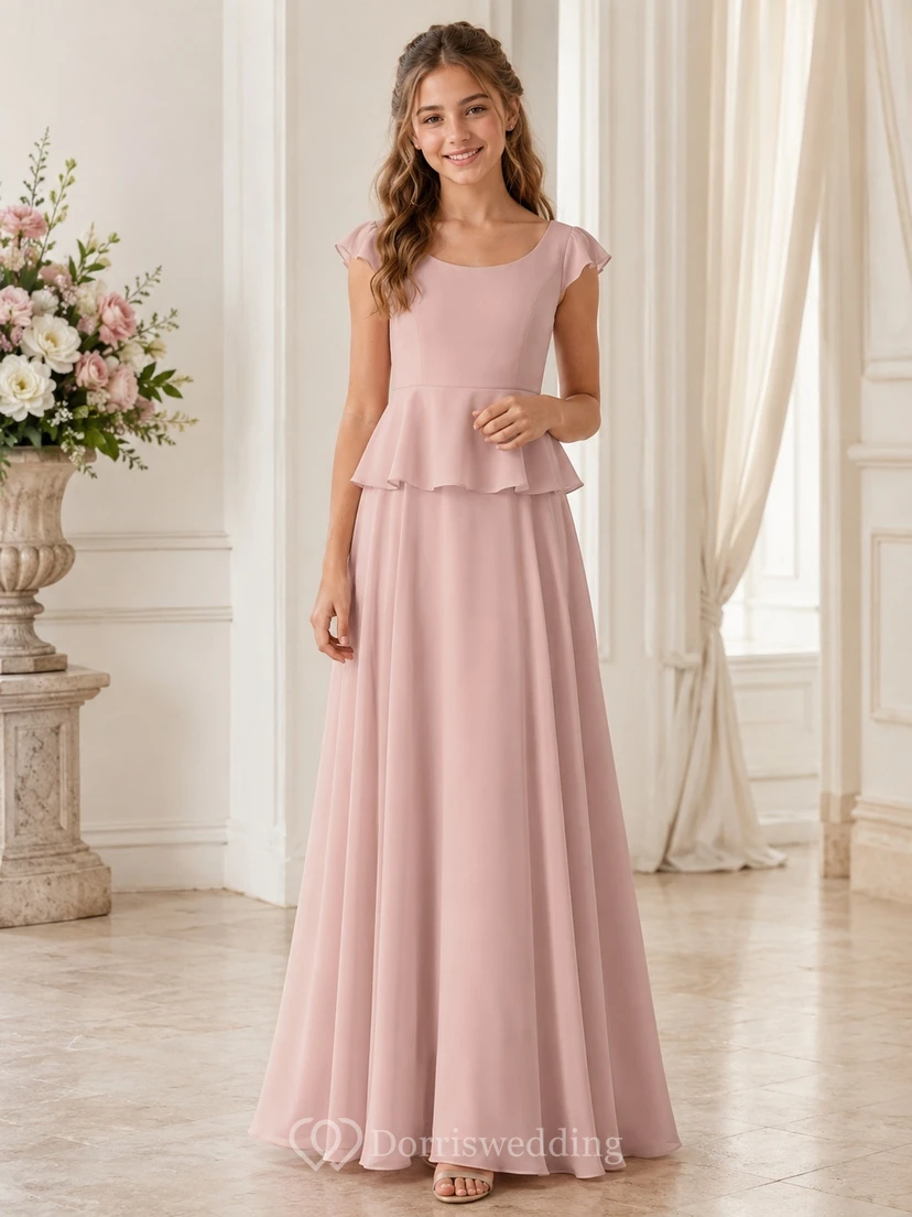Vestido de dama de honor juvenil rosa ruborizado, corte en A, escote redondo, manga corta, falda de gasa, cintura con volantes, estilo romántico.