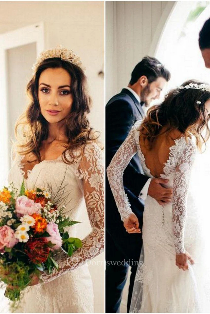 Romantisches Boho-Hochzeitskleid mit langen Ärmeln, sexy tiefem V-Ausschnitt, rückenfreiem Spitzenbesatz und Spitze view 6