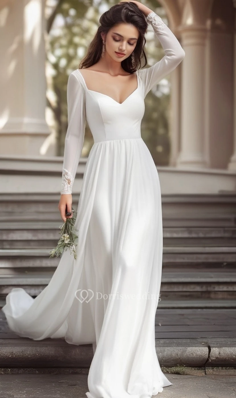 Einfaches, lässiges Chiffon-Kleid mit langen Ärmeln im Landhausstil für Hochzeiten