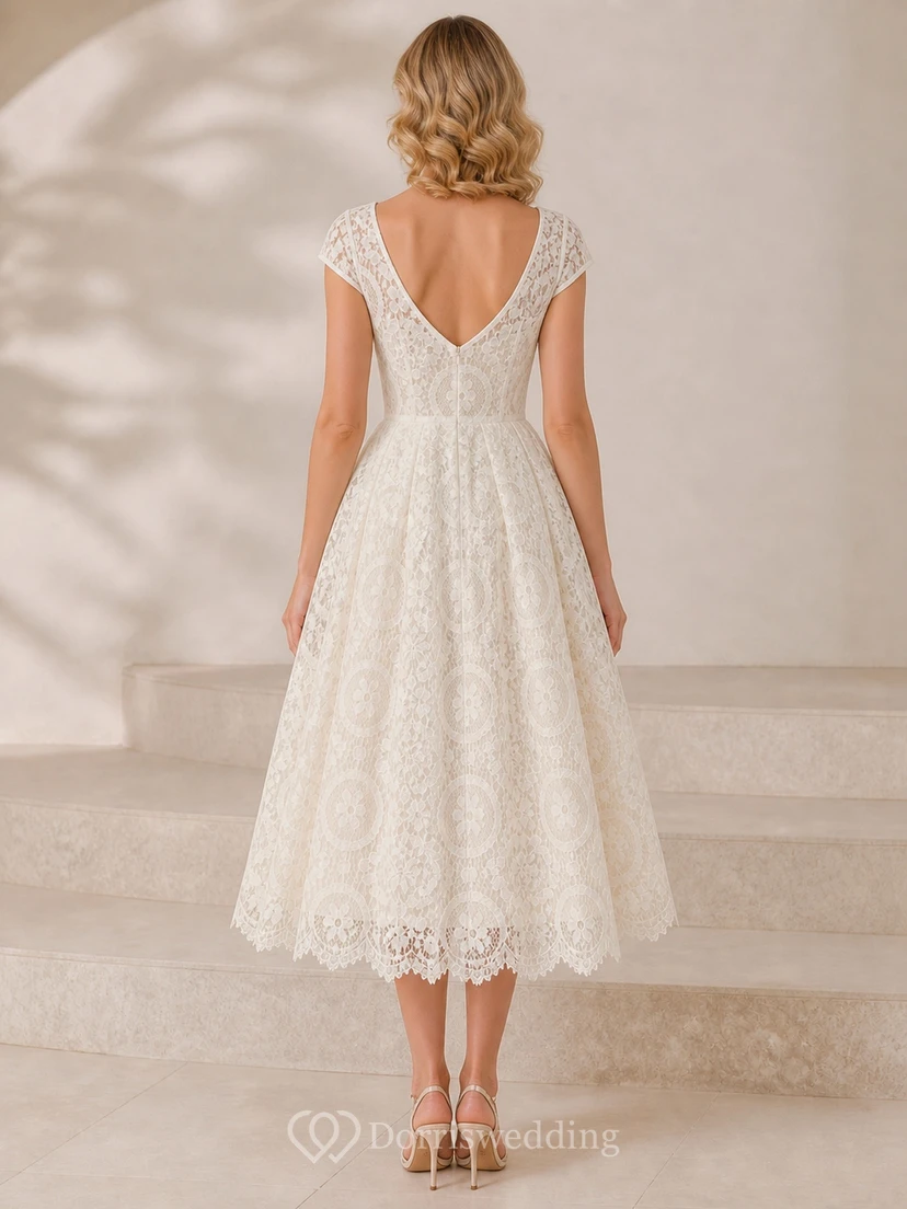 Vestido de novia vintage de encaje de ganchillo con escote barco y corte en A, largo hasta la rodilla. view 2