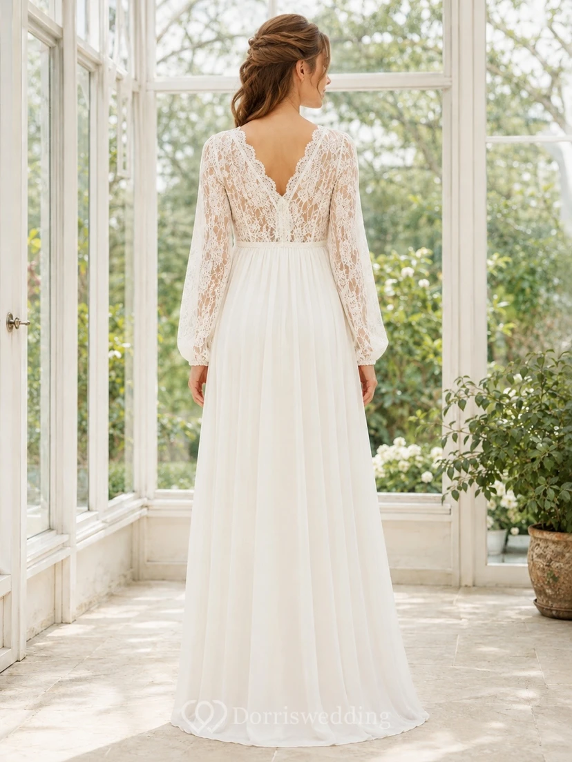 Ivory Tall Maternity Lace Long Sleeve V-Neck A-Line Floor Dress view 2