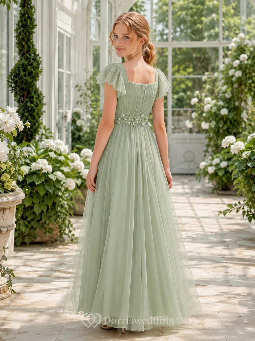 Robe longue fleurie romantique couleur sauge, coupe trapèze, en mousseline, col carré, manches pétales, pour demoiselle d'honneur view 2