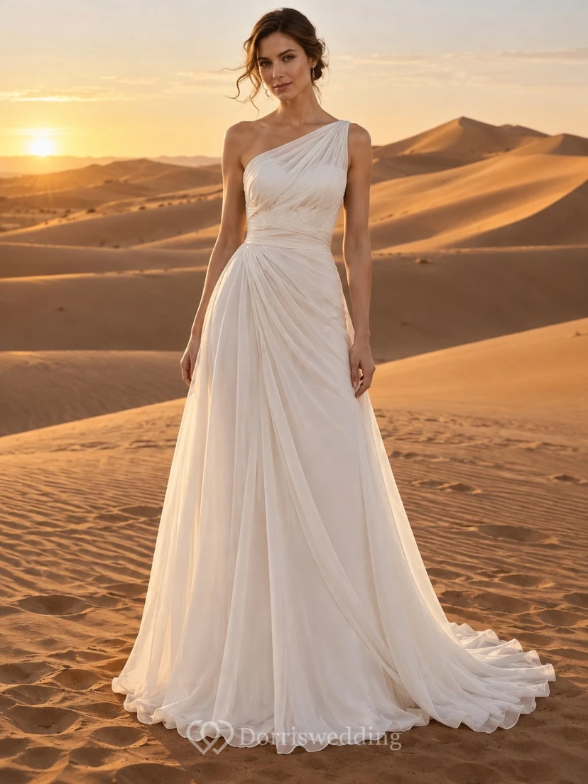 Vestido de novia sencillo de un solo hombro, sin mangas, de gasa, con corpiño drapeado, cintura fruncida y cola.