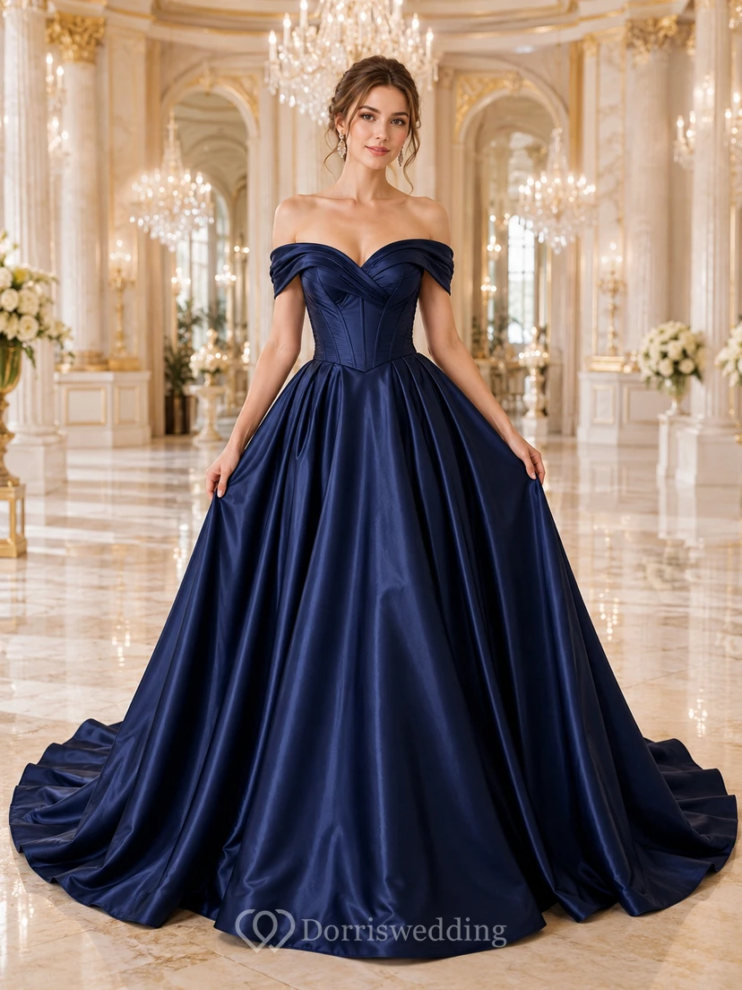 Navy Blue Off Shoulder Satin Ball Gown Chapel Train Wedding Dress