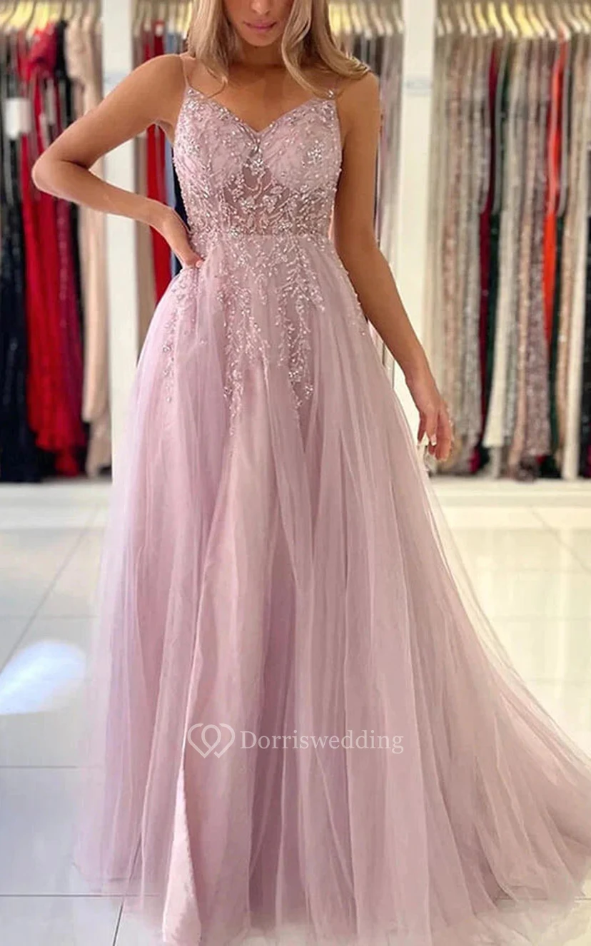 Spaghetti Front Split Beaded Applique Front Split Tulle Evening Prom Dress view 3