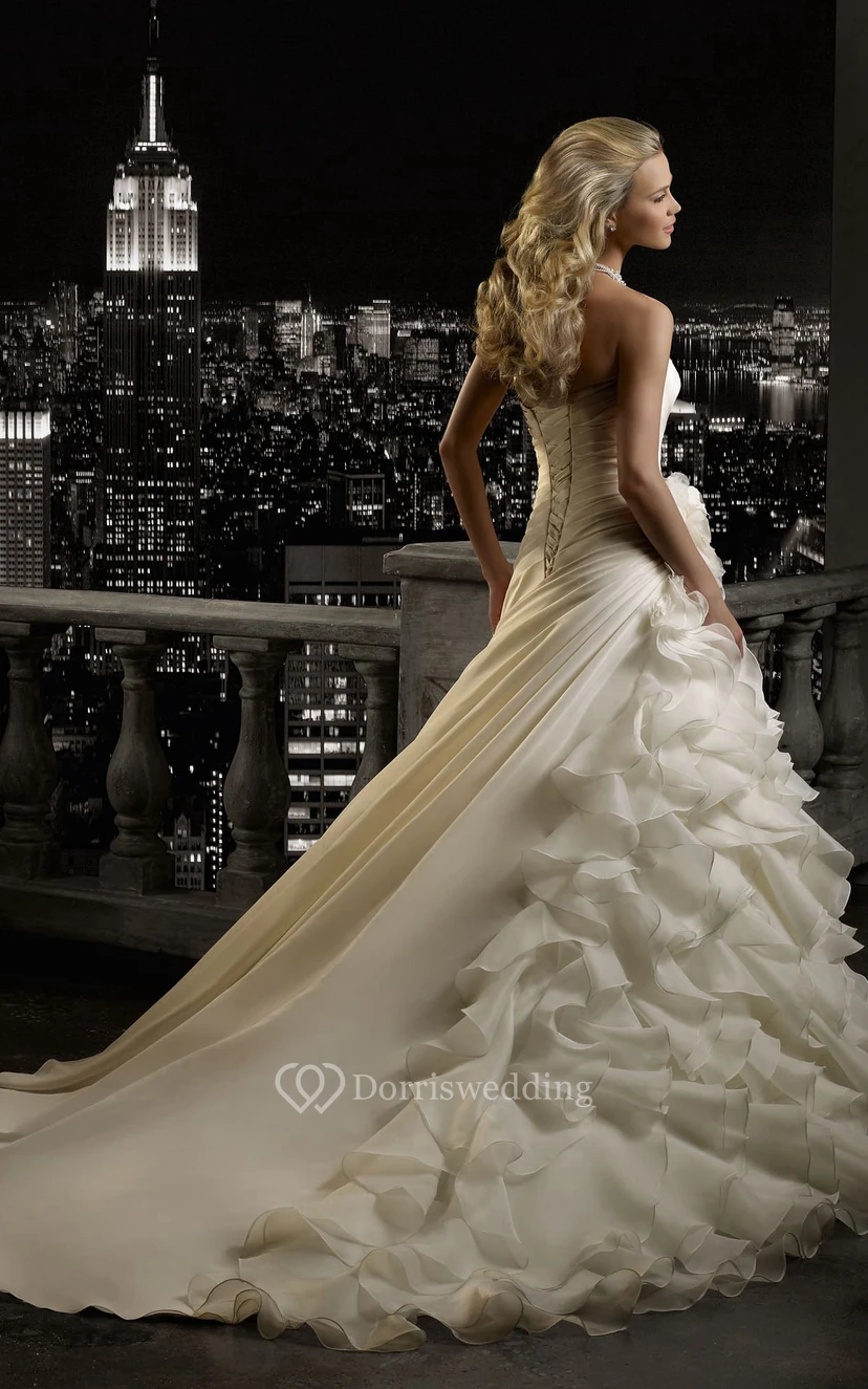 A-Line Maxi Strapless Sleeveless Lace-Up Organza Bridal Dress With Cascading Ruffles And Flower view 2