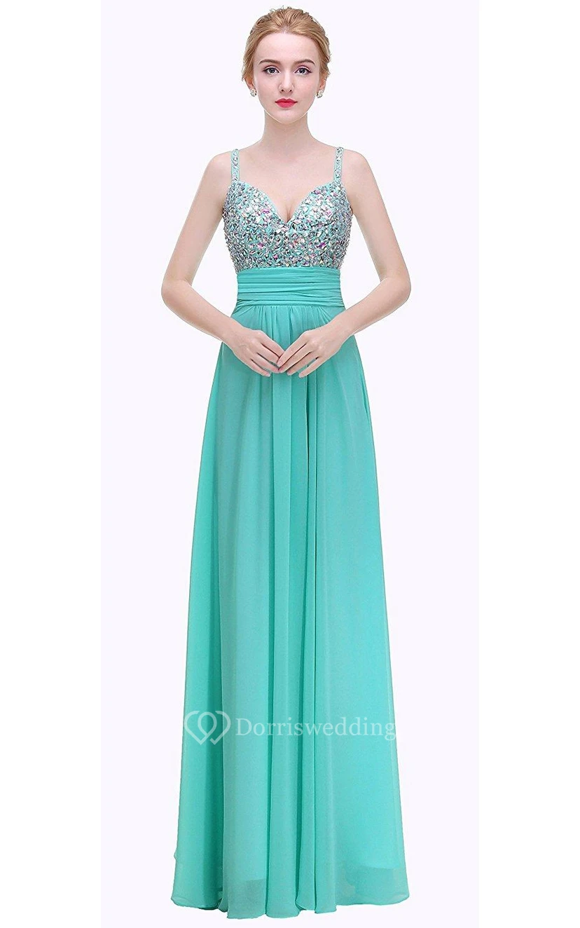 Sleeveless Straps A-line Floor-length Dress with Ruched Waist