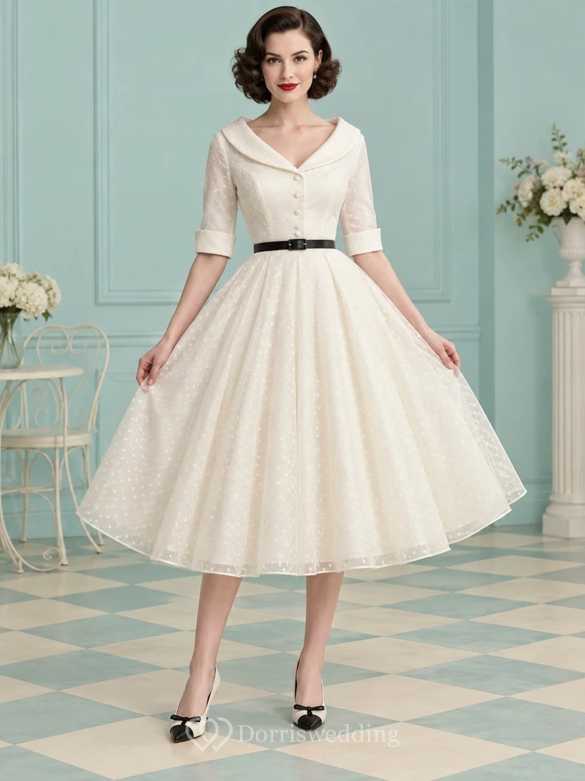 Robe de mariée trapèze mi-longue à pois suisses style rockabilly, col portrait et ceinture noire
