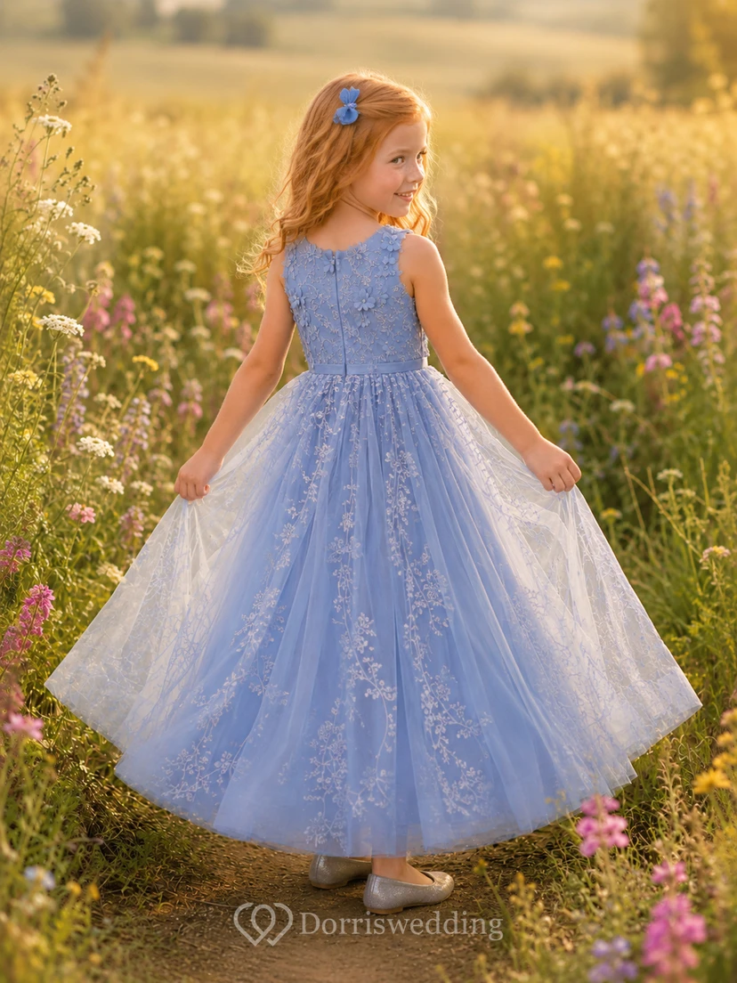 Sky Blue Flower Girl Dress Luxury Ankle-Length Ball Gown Sleeveless 3D Floral Embroidered Tulle view 2