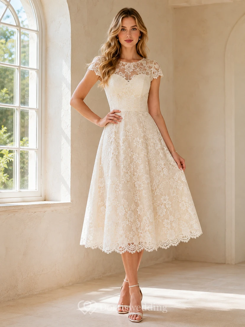 Vestido de cóctel de largo midi con escote barco, mangas cortas y encaje floral color marfil.