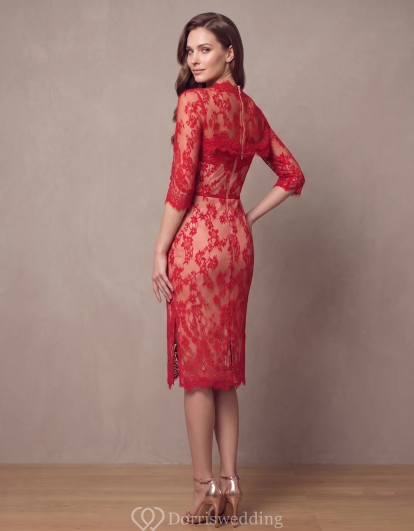 Pencil Knee-Length Spaghetti Half Sleeve Lace Dress With Appliques view 2