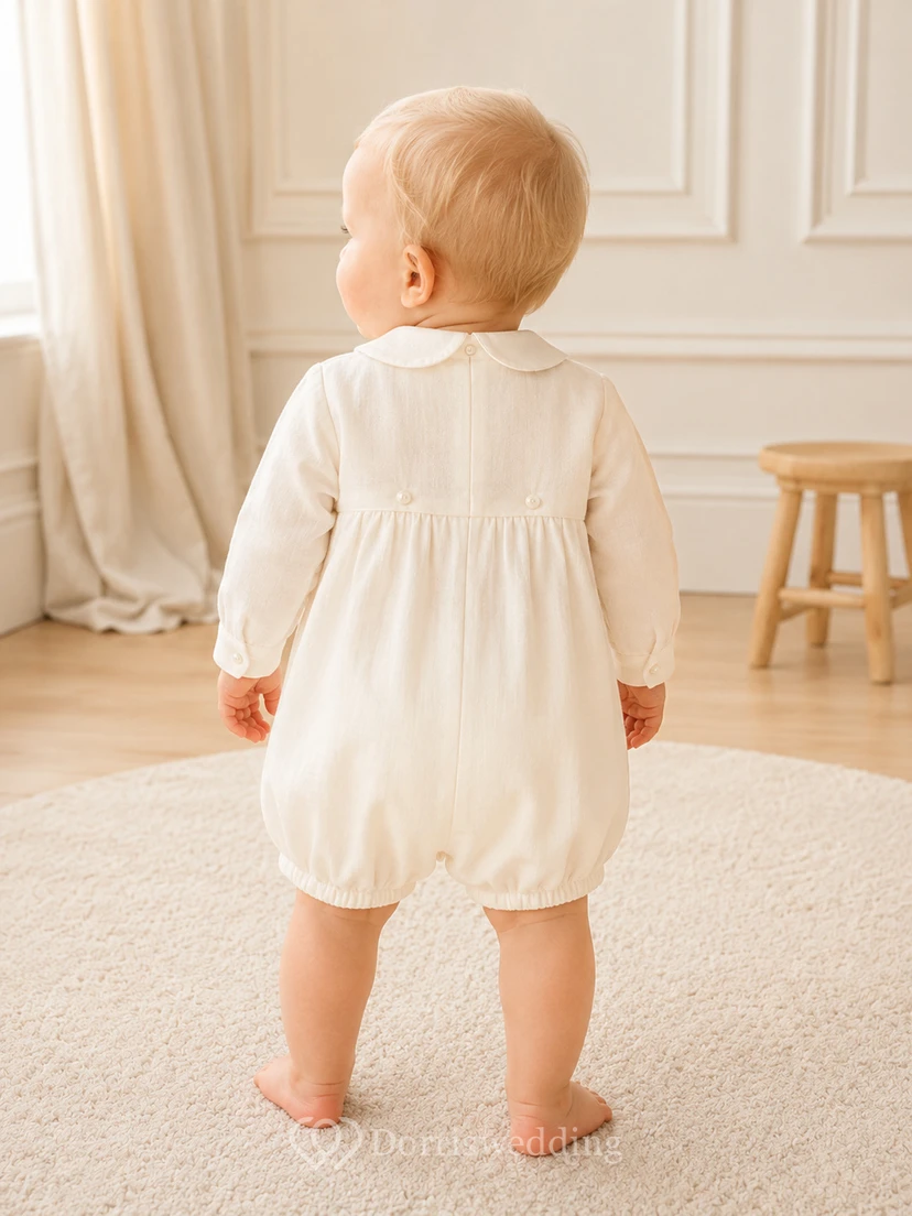 White Embroidered Bib Long Sleeve Peter Collar Baptism Bubble for Baby Boy view 2
