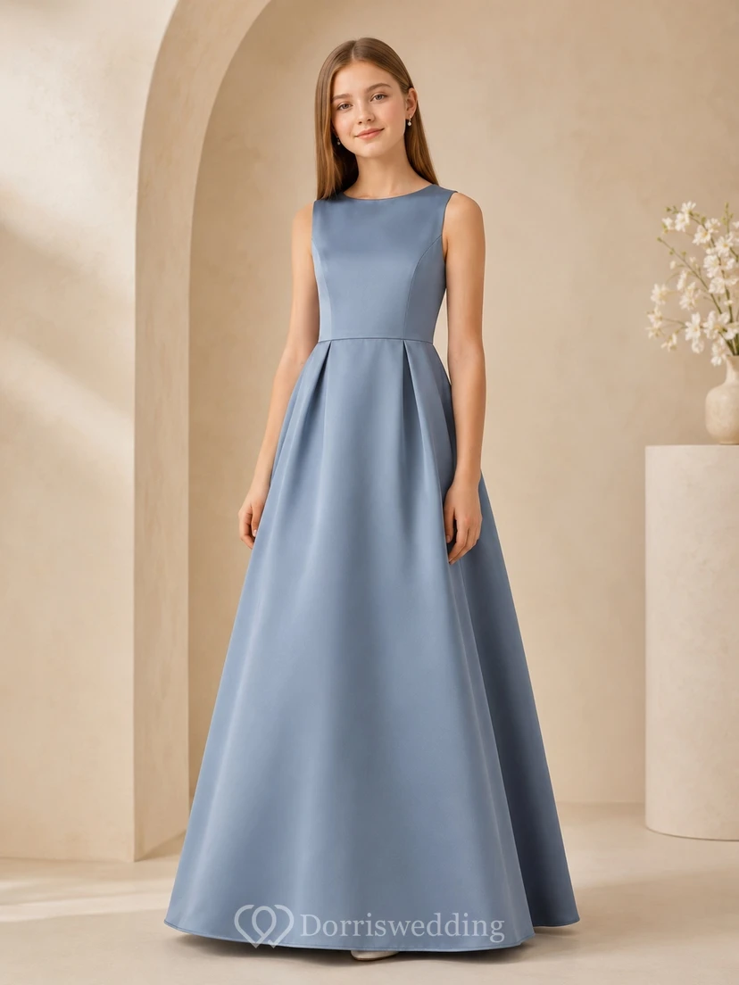 Vestido de dama de honor juvenil azul acero, corte en A, sin mangas, color joya.