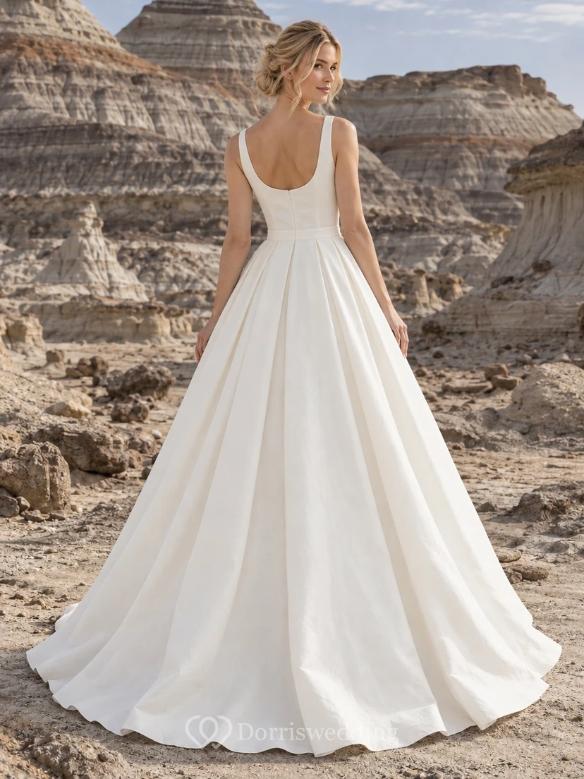 Vestido de novia vintage sencillo de corte A, sin mangas, de popelina tejida plisada, con escote redondo y sin mangas. view 2