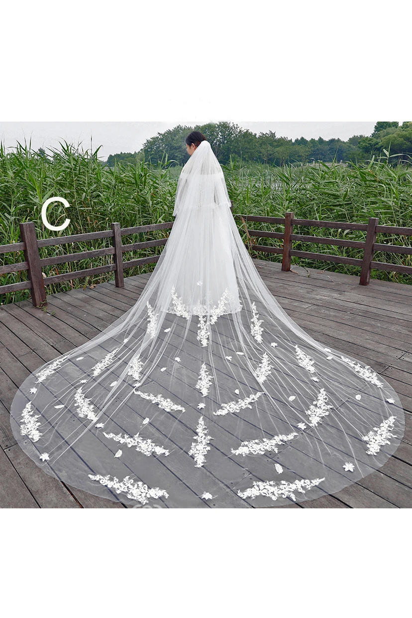 New Korean Style Lace Applique Large Tailed Tulle Super Long Veil view 3