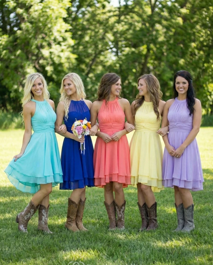 Country Style Scoop Neck Mini Chiffon Dress