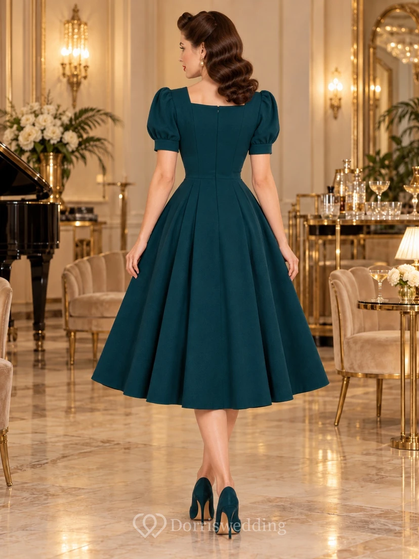 1940s Peacock Square Neck Puff Sleeve Button Midi Party Dress view 2