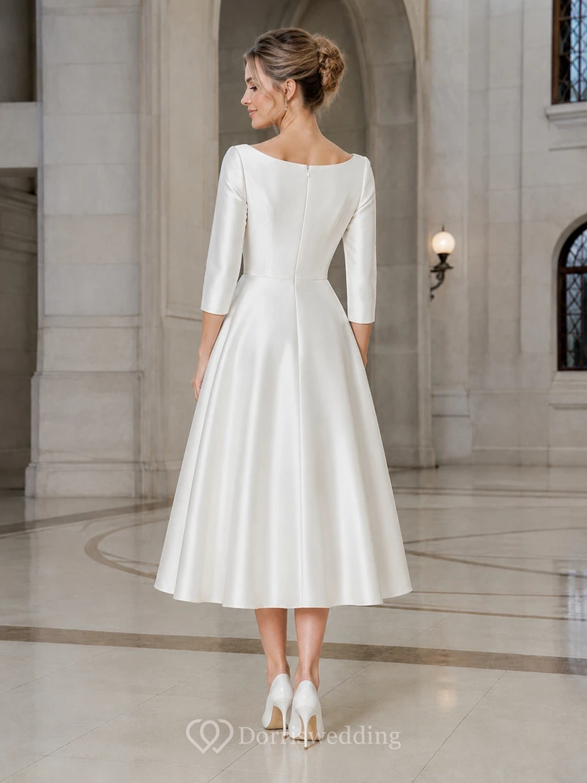 Petite Bateau Three-Quarter Sleeve Satin A-Line Tea-Length Wedding Dress view 2