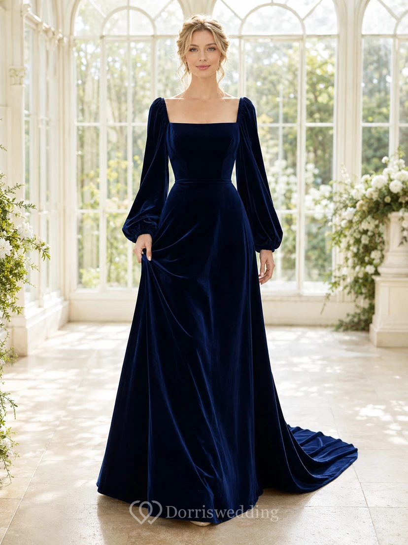 Robe de mariée trapèze en velours bleu marine à col carré et manches bouffantes
