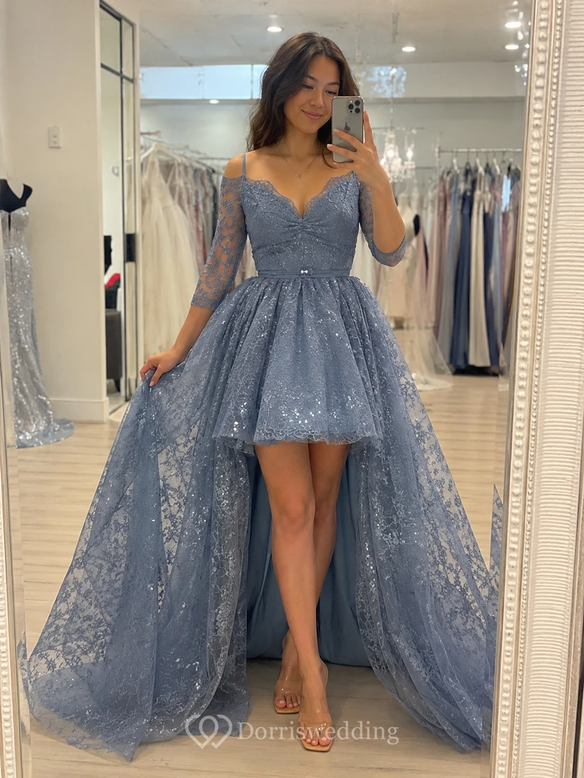 A-Line Lace Off-the-shoulder 3 4 Length Sleeve Zipper Low-V Back Dress view 8