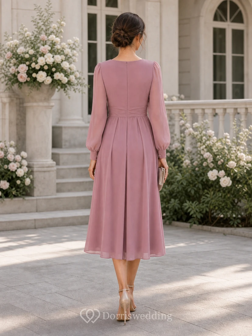 Bateau Long Sleeve Chiffon Midi Dress view 4