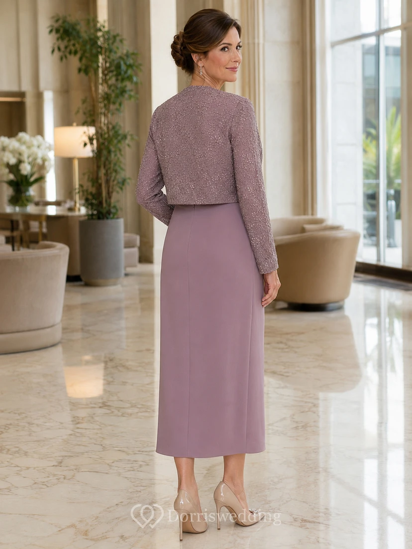 Vintage, mauvefarbenes, luxuriöses Pailletten-Bolero-Kleid mit U-Boot-Ausschnitt und knielangem Rock – ein elegantes Abendkleid für die Mutter der Braut view 2