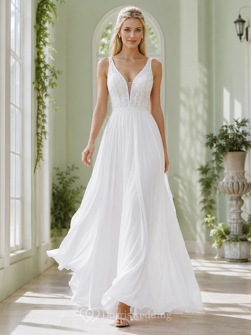 Weißes, tief ausgeschnittenes Chiffon-Abendkleid in A-Linie mit tiefem V-Ausschnitt und tiefem Rückenausschnitt – romantisch für den Garten