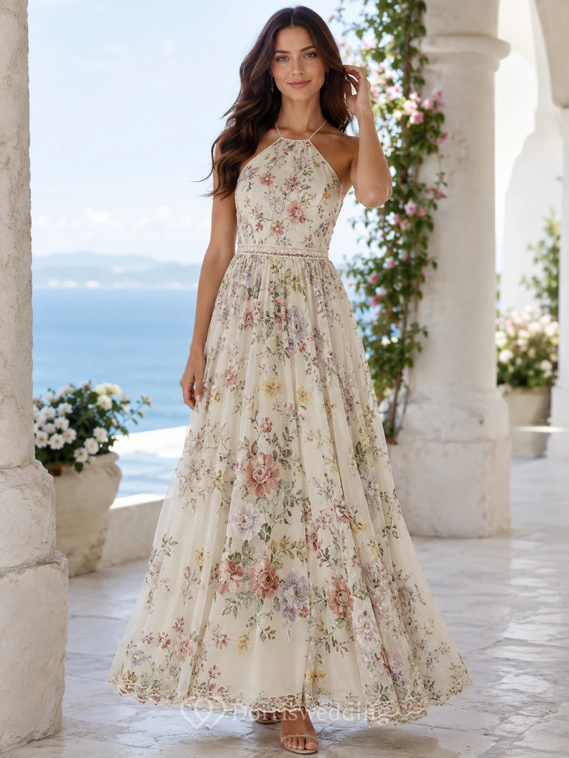 Light Floral Halter Neck Destination Garden Maxi Dress
