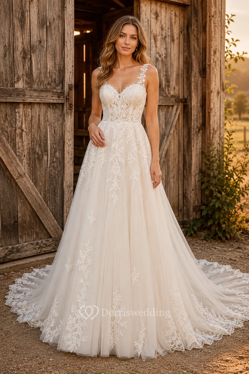 Rustic A-Line Tulle Wedding Dress with Lace Appliques