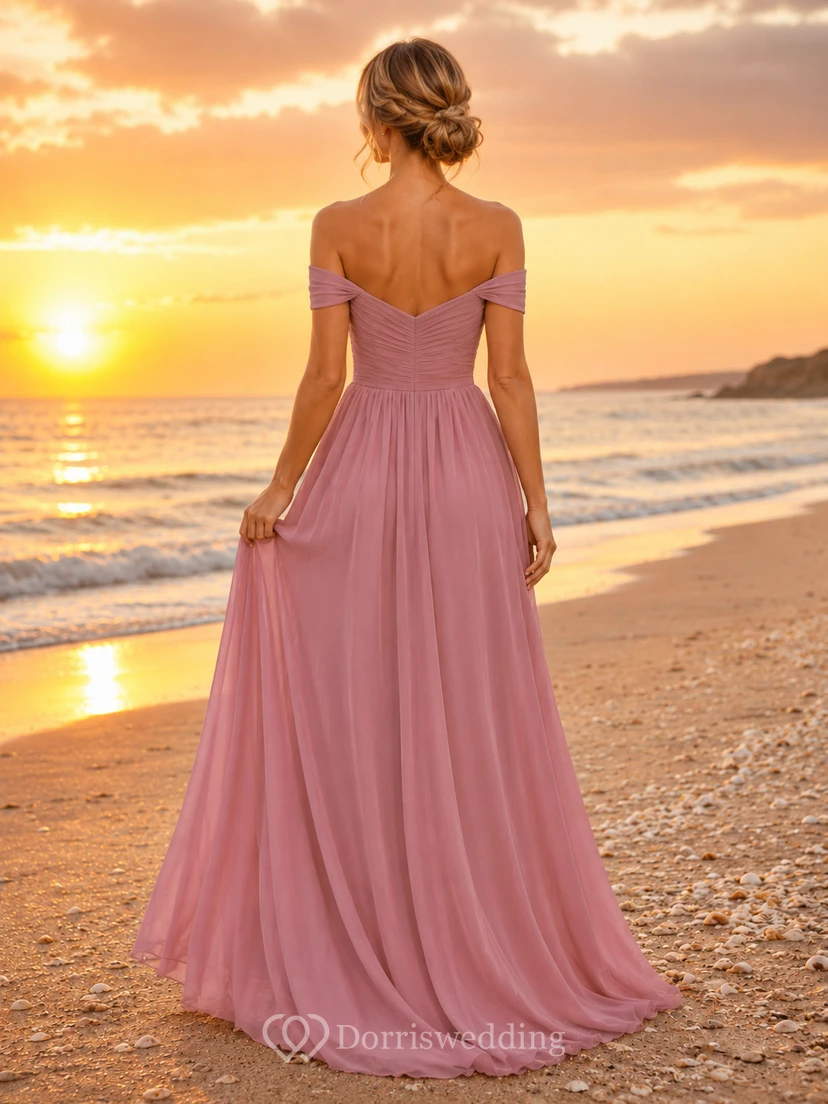 Dusty Rose Sunset Beach A-Line Chiffon Bridesmaid Dress with Off-Shoulder Sweetheart Short Sleeve Bodice, Pleated Floor-Length Skirt and Zipper Back view 2