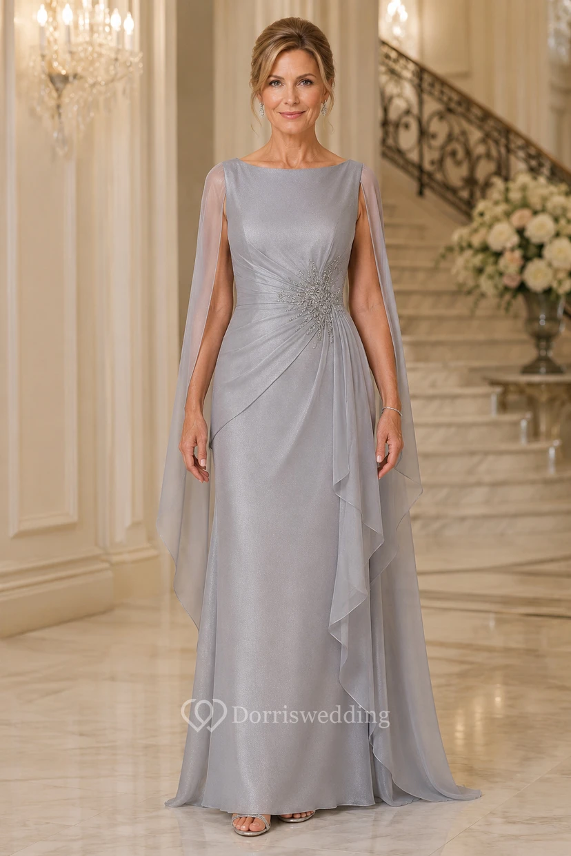 Mother of the Bride Silver Chiffon Sheath Cape Sleeve Bateau Neck Floor-Length Dress with Cape Sleeves