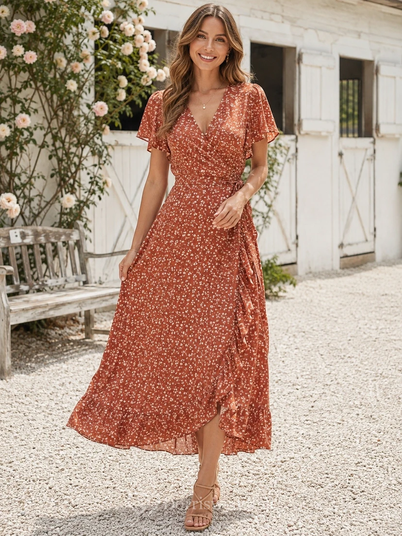 Lässiges, kurzärmeliges, teelanges Sommerkleid mit Blumenmuster und V-Ausschnitt in Papaya-Farbe
