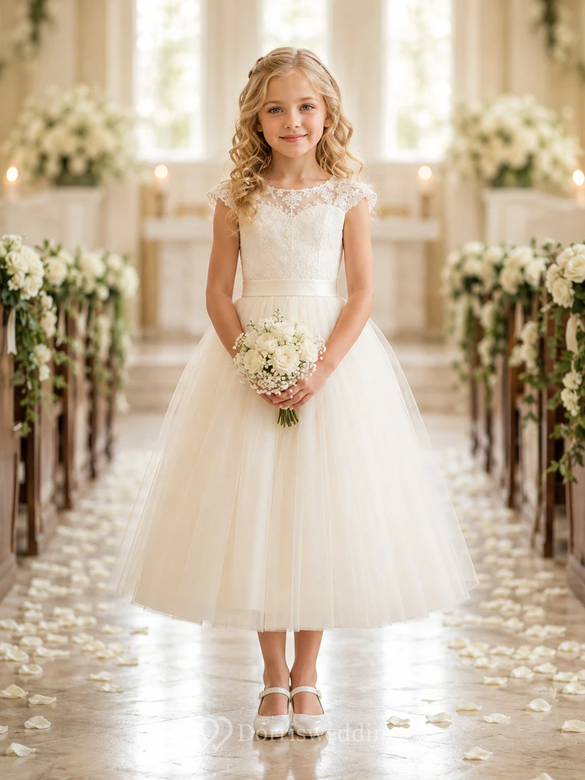 Ivory Lace Illusion Bodice Tulle Flower Girl Dress