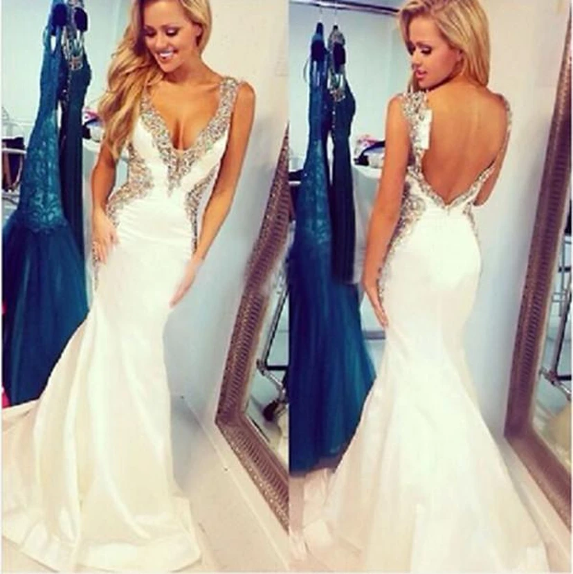 Chic Crystals Mermaid Open Back Prom Dress V-neck Sweep Train view 2