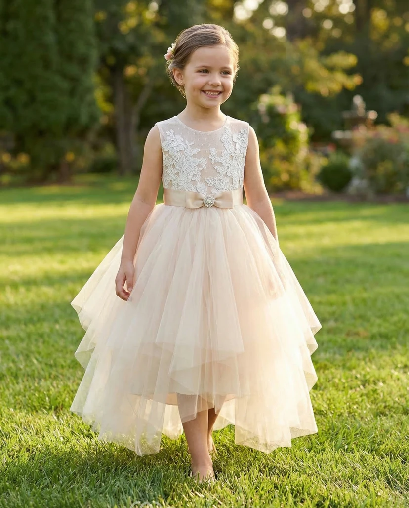 Teelanges Tüllkleid mit Schleifengürtel