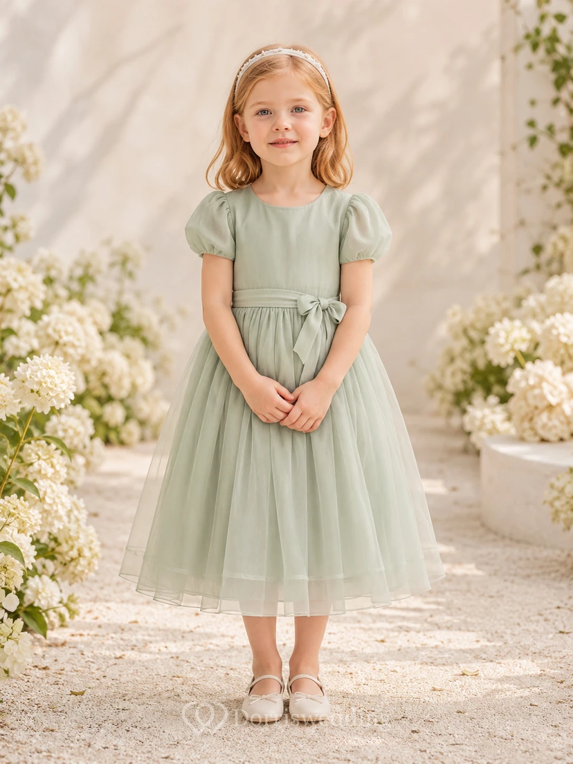Sage Puff Sleeve Tulle A-Line Flower Girl Dress with Jewel Neck, Tea-Length Skirt and Sash Detail