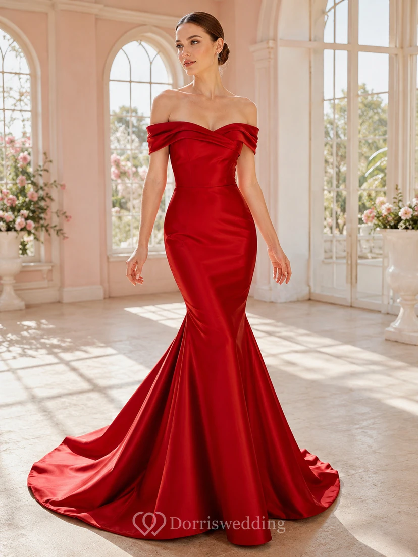 Red Off-Shoulder Satin Mermaid Pleated Elegant Romantic Wedding Dress