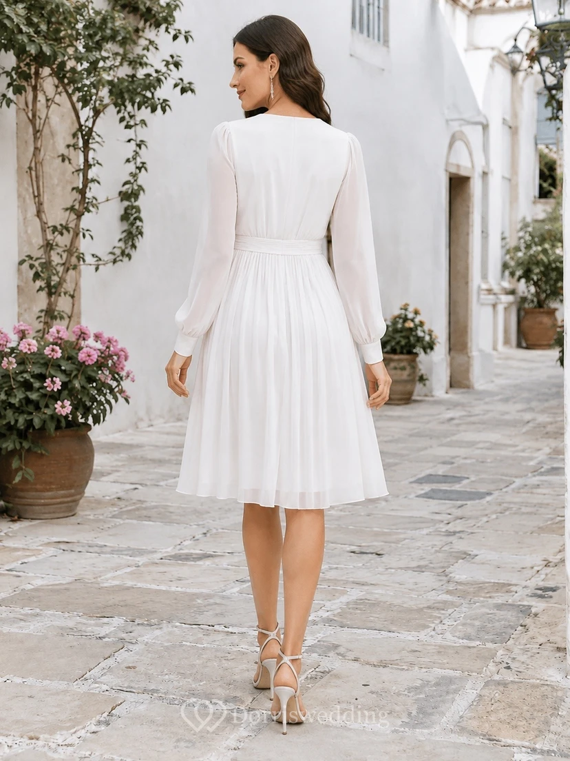 White Chiffon V-neck Long Sleeve A-line Tea-length Evening Dress view 2