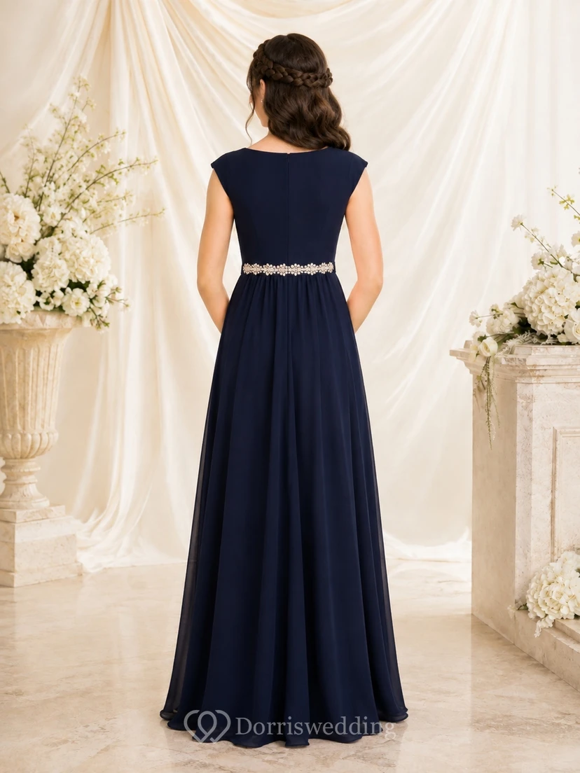 Dark Navy Junior Bridesmaid Dress A-Line Scoop Short Sleeve Chiffon Crystal Detail Elegant view 2