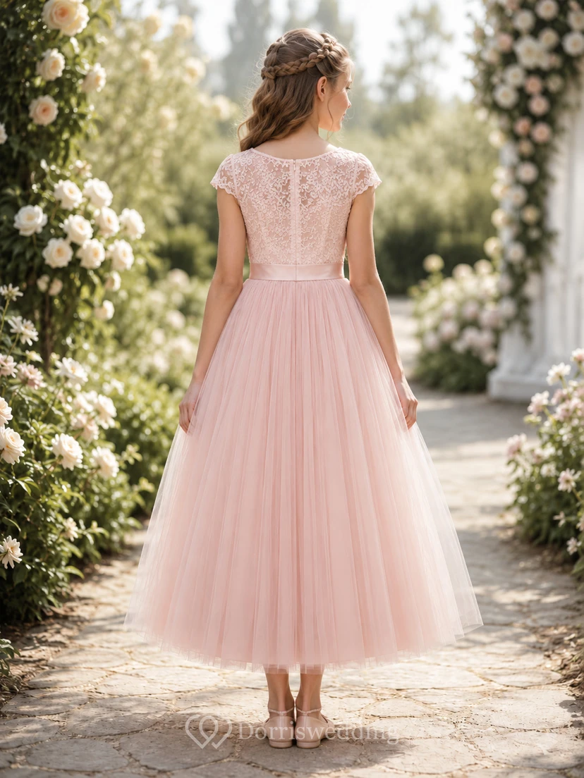 Flower Girl Dress Blush Lace Tulle A-Line Jewel Neck Tea Length view 2