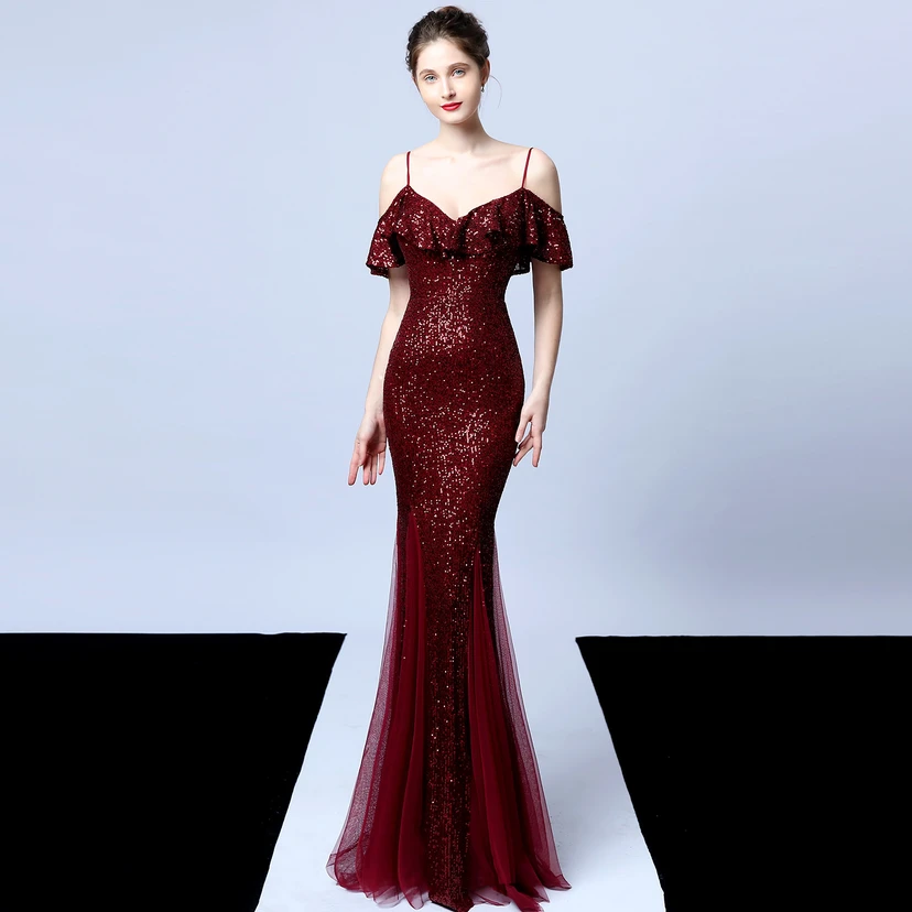 Robe de soirée élégante à franges et sequins en fil de polyester, style sirène, idéale pour un banquet ou une occasion spéciale automne. view 30