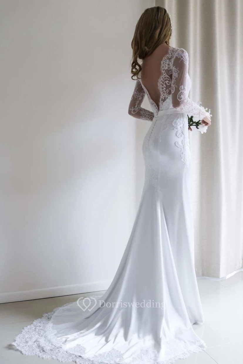 Bateau Lace Long Sleeve Sheath Chiffon Modest Wedding Dress With Sweep Train view 2