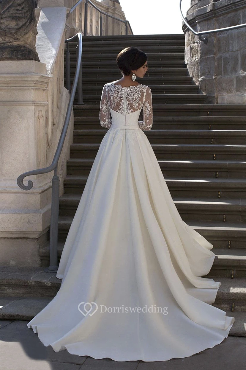Gorgeous Scalloped Neck Satin A-line Bridal Gown With Lace Sleeves view 2