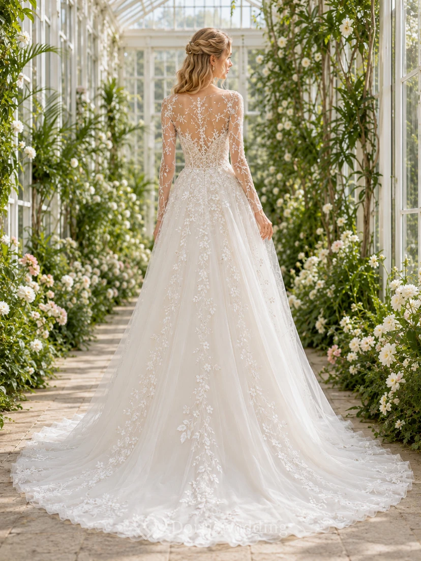 Long Sleeve Embroidered Floral Conservatory A Line Wedding Gown view 2