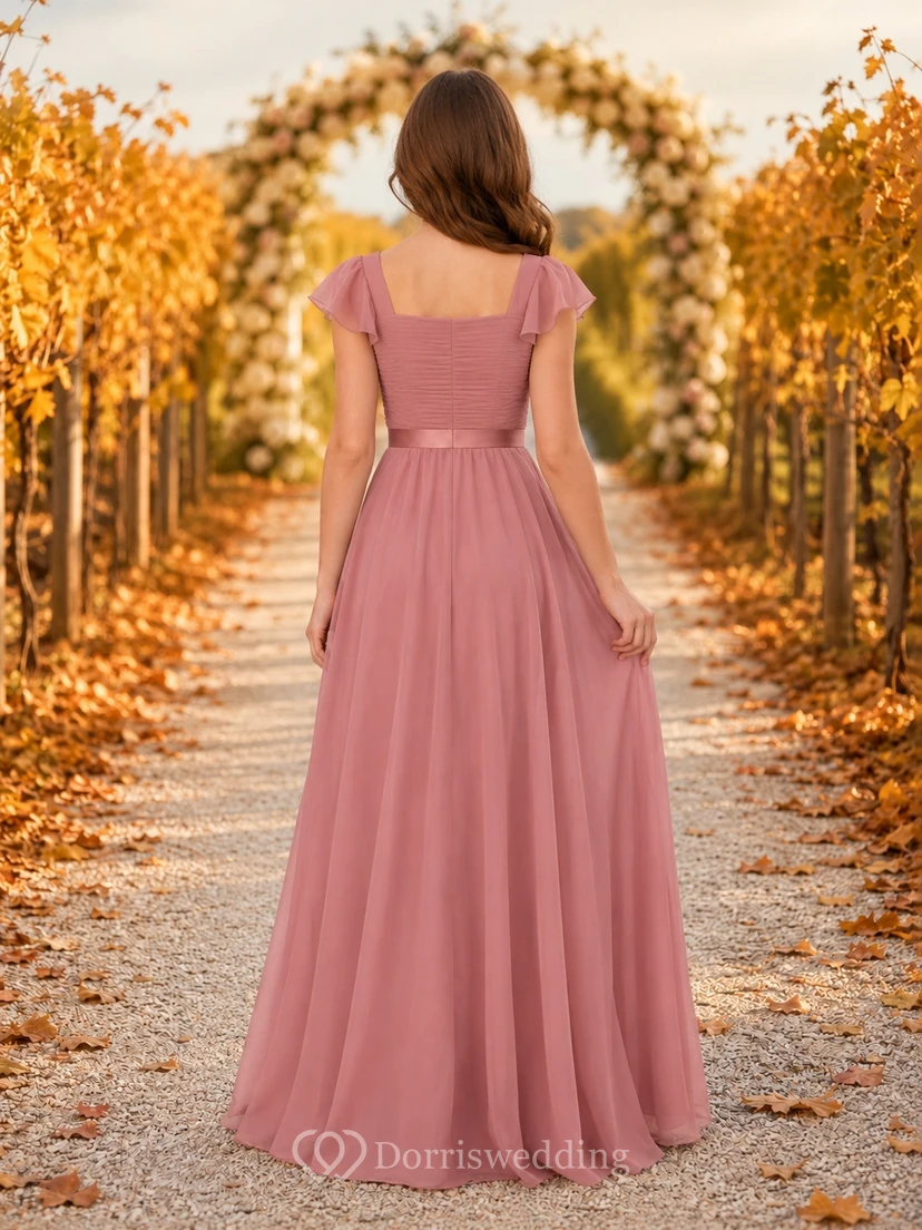 Elegantes Brautjungfernkleid in Altrosa, A-Linie, eckige kurze Ärmel, Chiffon-Oberteil mit Falten view 2