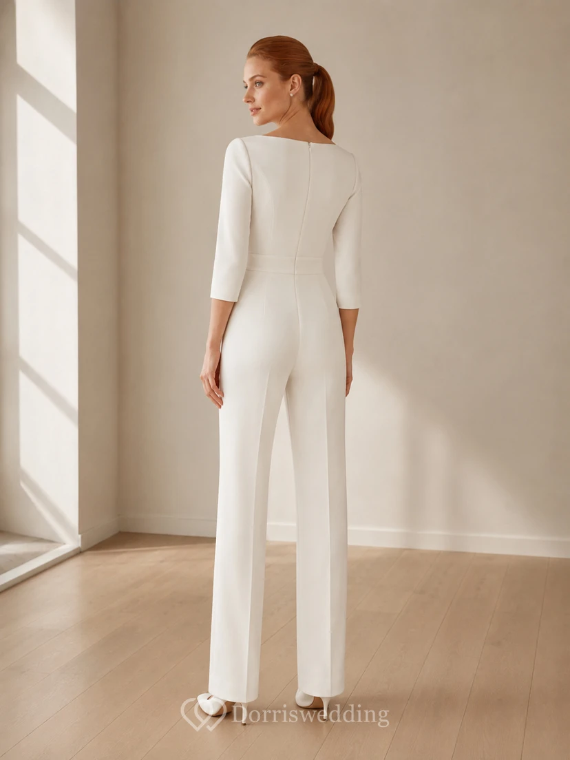 Combinaison de mariage minimaliste en satin, col bateau, manches 3/4, longueur au sol view 2