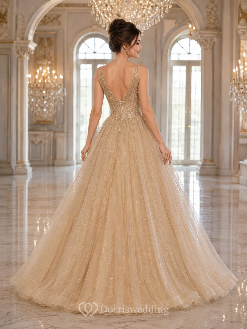 Vestido de gala de tul color champán con escote en V view 2
