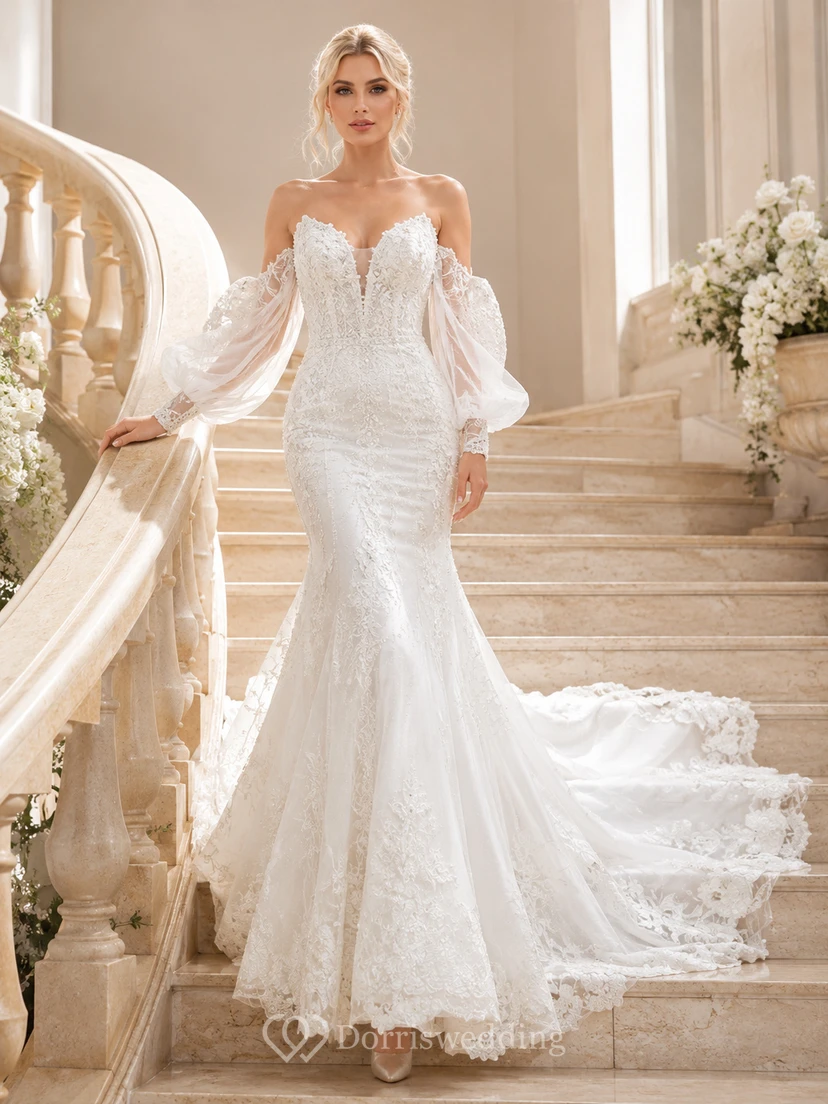 Robe de mariée sirène luxueuse en dentelle florale à épaules dénudées et manches bouffantes, ornée d'épaules et de dentelle florale, avec traîne cathédrale