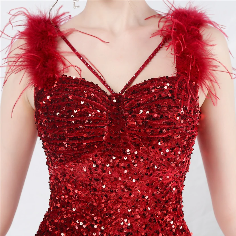 Craft Ostrich Feather Handmade Velvet Bottom Sequined Short Evening Dress Short Skirt view 8