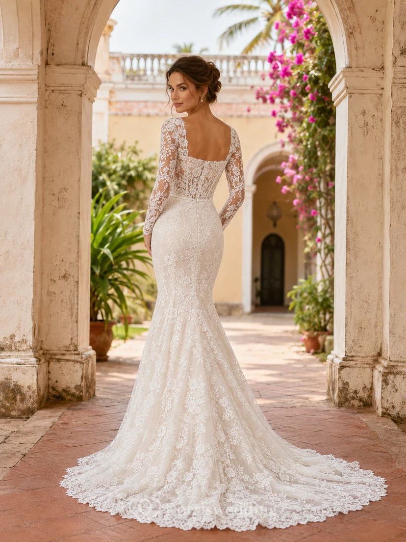 Robe de mariée sirène romantique à col carré, manches longues et dentelle intégrale, dos nu et traîne chapelle view 2